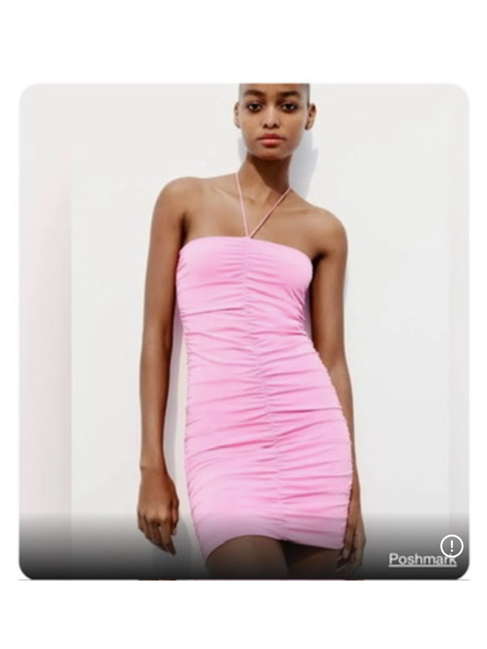 NWT Zara Ruched Bodycon Mini Dress Pink Halter Neck Size Large